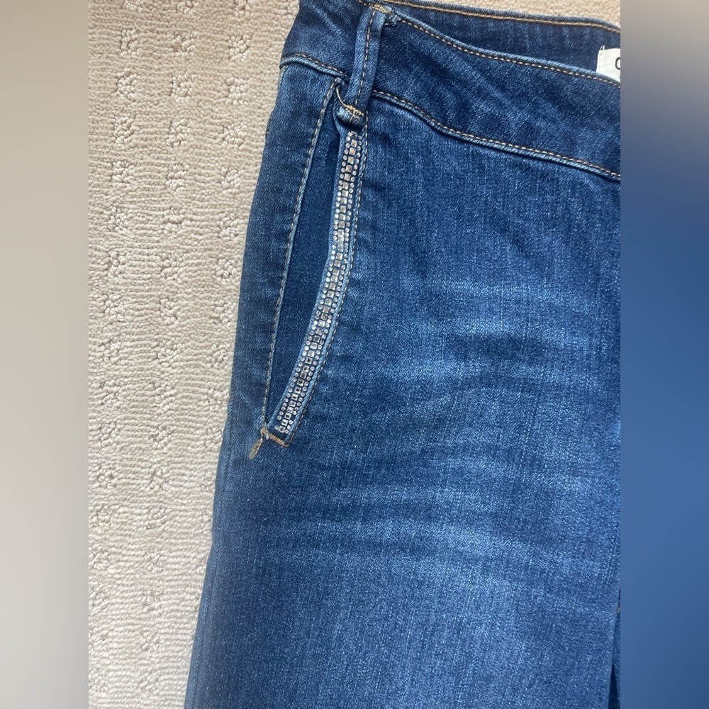 OAT‎ New York High Rise Wide Leg Denim Trouser, Rhinestone Detail, Raw Hem, Sz 2 - Picture 8 of 16